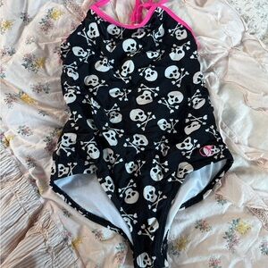 OP Black and Pink Trim Skull Kids Swimsuit 6x